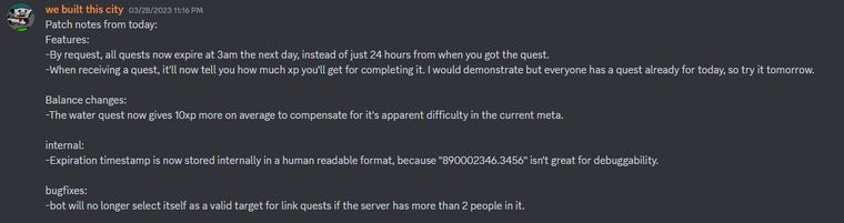 a picture of a discord message containing patch notes